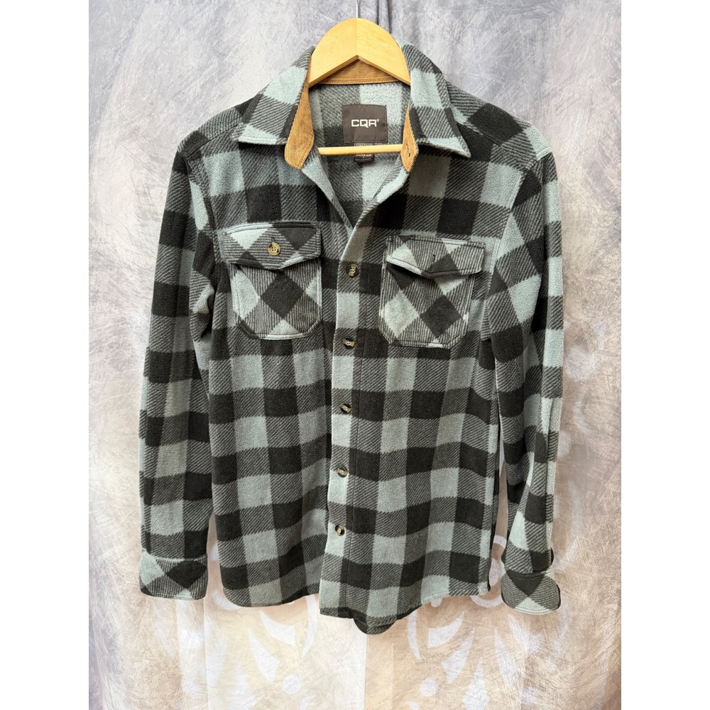 CQR Mens Grey Black Buffalo Plaid Fleece Shirt Jacket Corduroy Collar XS Grunge